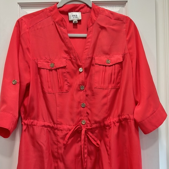 ECI Silky Coral Pink V Neck Office Dress with Belt at Waist sz.10 - Picture 3 of 5